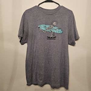 Vans Surf Mens Large Gray T Shirt Skeleton Skating w/ Aqua Surfboard